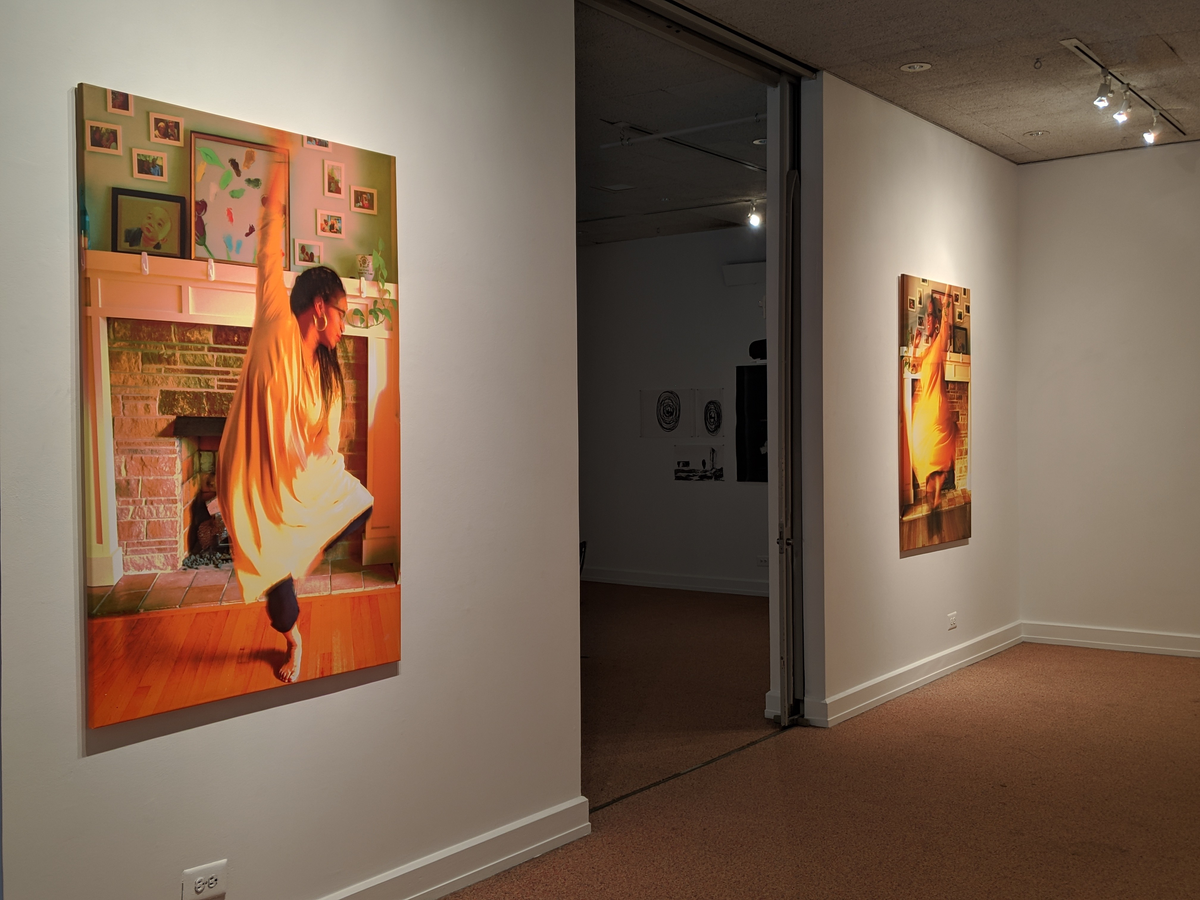 two images of professor janelle piefer dancing. saturation heightened to enhance the yellow color